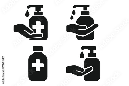 Hand sanitizer icon set vector. Disinfection bottle collection. Antiseptic gel pump and hand symbol. Hygiene and cleaning concept. Health care and medical illustration.