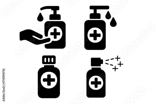 Hand sanitizer icon set vector. Disinfection bottle collection. Antiseptic gel, spray, and pump dispenser for hand washing. Hygiene and healthcare concept for disease prevention.
