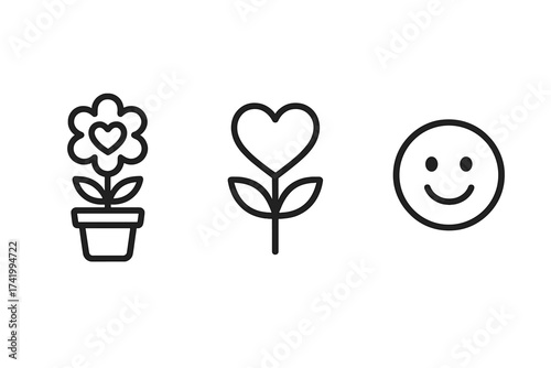 Self improvement, mental health, happiness vector icon set. Personal growth metaphor. Flower with heart for self care, love and wellbeing. Positive psychology symbol.