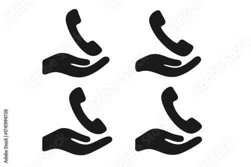 Hand holding phone receiver icon set. Customer service, technical support, call center concept. Communication and contact us sign. Vector silhouette illustration pictogram.