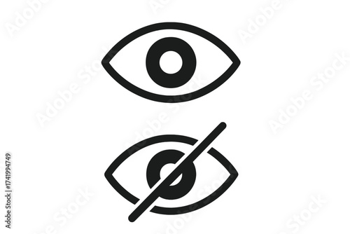Show and hide password vector icon set. Eye symbol for visibility toggle. Visible and invisible web button. UI UX interface element. View, reveal, and conceal concept design.
