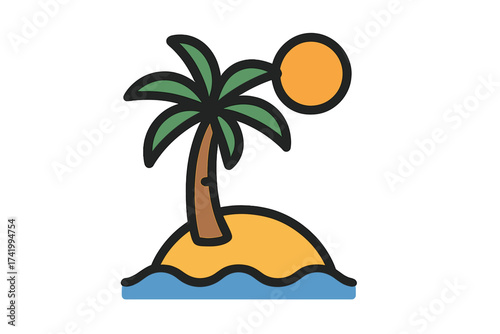 Tropical island with palm tree and sun vector icon. Simple cartoon illustration for travel, vacation, and summer holiday concepts. Paradise beach scene graphic symbol design.