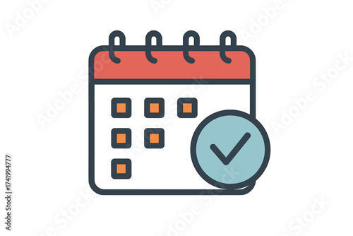 Calendar icon with check mark. Event schedule confirmed. Appointment reminder symbol. Time management and planning concept. Date approved vector illustration. Deadline achieved.