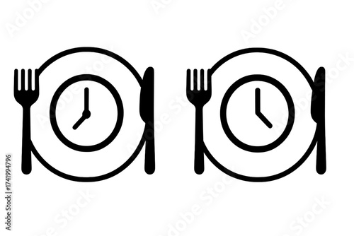 Meal time icon set. Lunch and dinner time concept. Clock on a plate with fork and knife. Food schedule, eating routine, restaurant menu symbol. Vector line illustration.