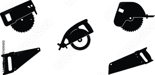 Vector Silhouette Illustration of Saws, Circular Saw, Jigsaw, Hand Saw, Cutting Tool Icons, Black and White Woodworking Equipment Design Elements