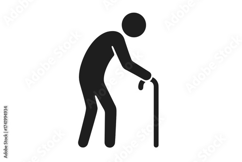 Elderly person with a cane icon. Old man symbol. Senior citizen accessibility sign. Grandfather pictogram. Disabled person needing help & support. Vector illustration.