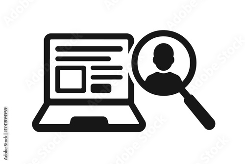 Online job search vector icon. Human resources and recruitment concept. Find employee, candidate search with magnifying glass on laptop. Hiring process, job vacancy illustration.