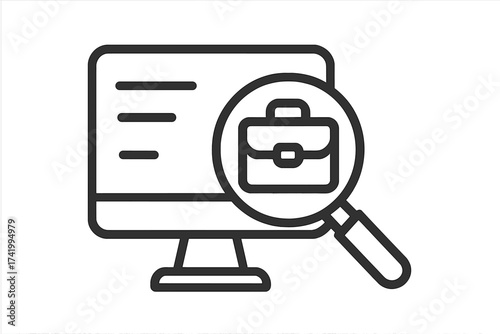 Online job search icon. Find vacancy, career opportunity. Recruitment, hiring concept. Magnifying glass with briefcase on computer screen. Human resources, employment symbol.