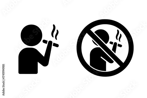 Smoking and no smoking vector icon set. Warning sign for public places. Cigarette symbol for allowed smoking area or forbidden zone. Prohibited tobacco use pictogram.
