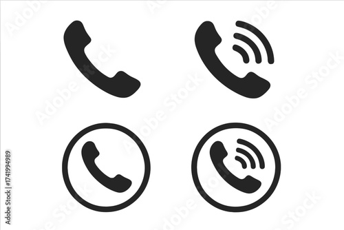 Phone icon collection. Telephone call symbol set. Vector graphic for contact us, hotline, and support concepts. Black flat handset silhouette pictogram for web and mobile app design.