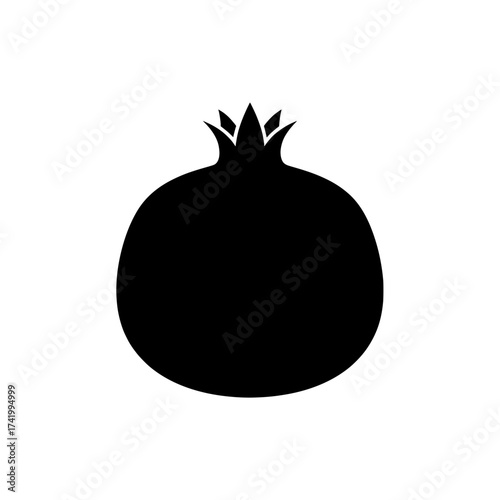 Black silhouette of a pomegranate fruit with a crown on a white background.