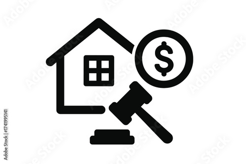 Sell house icon with auction gavel and dollar symbol, real estate auction concept, property sale vector illustration with transparent background, home selling business symbol