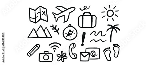 Hand-Drawn Doodle Vector Icon Set for Travel, Communication, and Adventure Including Map, Airplane, Luggage, Compass, Footprints, and Phone Call Symbols

