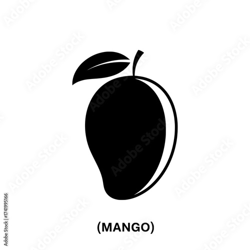 Black and white mango fruit illustration with leaf and stem isolated on white background.
