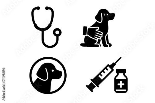 Veterinary clinic icons set with stethoscope, dog checkup, injection, vaccine bottle, pet care, animal health, medical tools, veterinary vector illustration