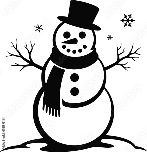 Charming winter snowman illustration with scarf and hat on transparent background silhouette