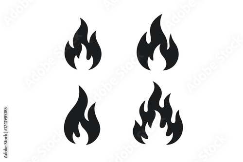 Set of Fire Flame Icons, Black Fire Silhouettes, Vector Illustration, Transparent Background, Diverse Flame Designs, Hot Fire Symbols Collection for Digital Use, Burning, Heat, Energy Concept