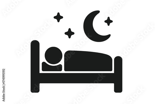 Sleep and Night Time Icon with Sleeping Person in Bed, Moon and Stars Symbol, Vector Illustration on Transparent Background, Rest and Relaxation Concept for Wellness