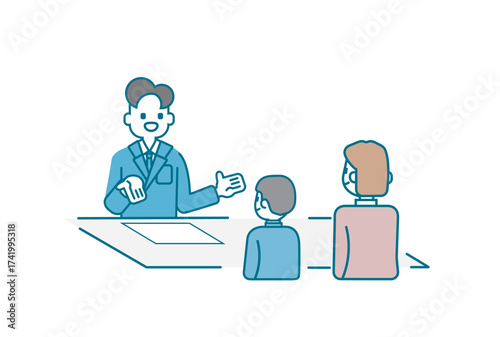 低学年の児童と保護者と先生の三者面談のイラスト