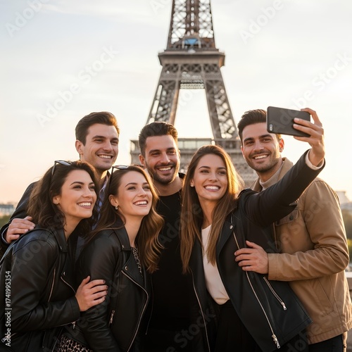 Group of Friends Taking Selfie at Eiffel Tower