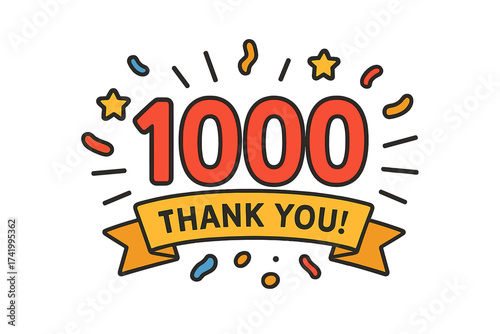 Thank You 1000 Followers Celebration Banner, Social Media Milestone Vector Illustration with Colorful Confetti, Stars, and Ribbon on Transparent Background for Online Appreciation