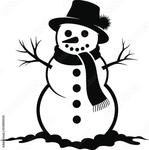Charming snowman illustration with hat and scarf on transparent background silhouette