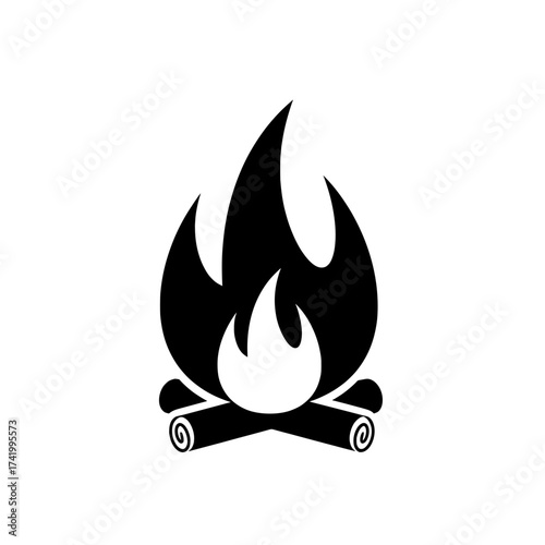 Campfire icon illustration black and white simple design flames and logs.