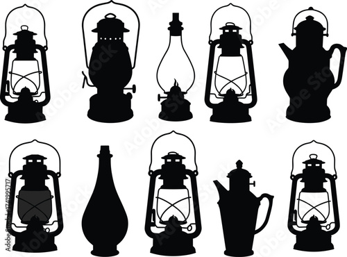 Vintage lantern and kerosene lamp silhouette set, retro oil lamps, antique lighting equipment, vector illustration design, black icons isolated collection