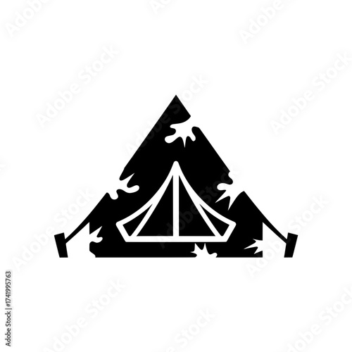 Camping tent logo design with mountain and camping equipment.