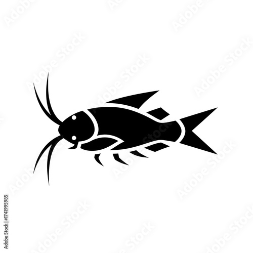 Stylized black and white illustration of a fish with whiskers and fins.