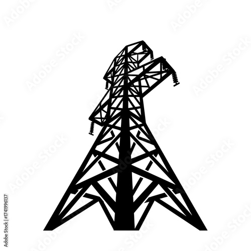 Black silhouette of a power transmission tower against a white background.