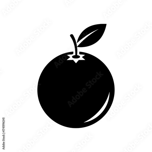 Black and white illustration of a fresh orange fruit with a leaf.