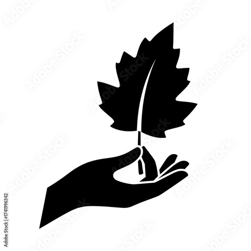 Hand holding a leaf nature and environmental protection concept black and white illustration.