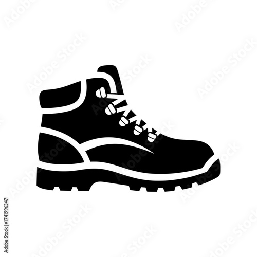 Black and white boot illustration side view isolated on white background.