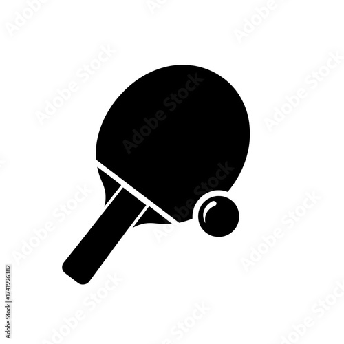 Table tennis racket and ball icon black and white illustration.