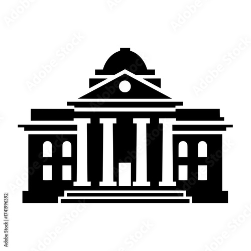 Classic courthouse building illustration with columns and dome black and white.