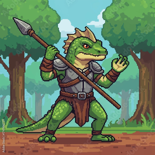 Pixel art reptilian warrior holding a spear, wearing armor, standing in a lush forest.