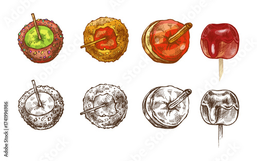 Hand drawn vintage sketch set of caramel and chocolate candy apples with nuts, color and monochrome version