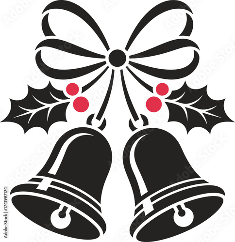 Festive christmas bells with holly and berries on transparent background silhouette