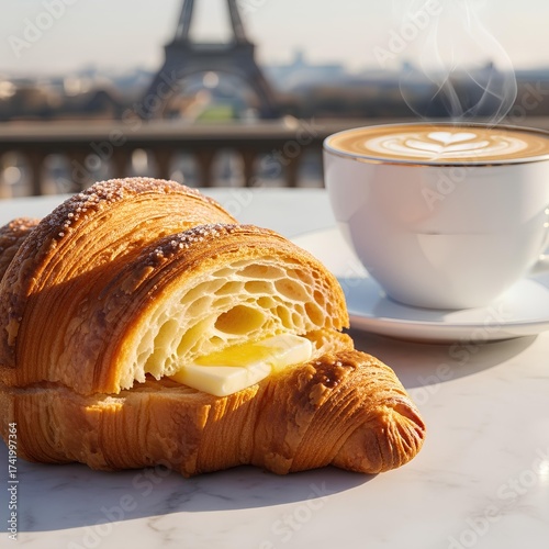 Croissant and Coffee with Eiffel Tower View
