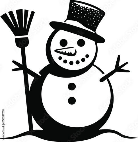 Festive snowman with hat and broom a charming winter illustration on transparent background silhouette
