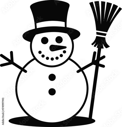 Charming snowman with top hat and broom perfect for winter designs on transparent background silhouette