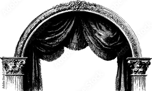 Classic arch with decorative columns and draped curtain. Vintage architectural vector illustration with detailed engraving style.