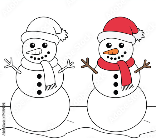 Two cheerful snowmen with hats and scarves simple design silhouette on transparent background