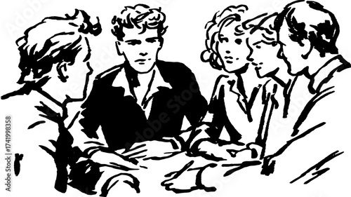 Group of people in discussion. Simple black and white vector illustration of a casual conversation set in a modern style.
