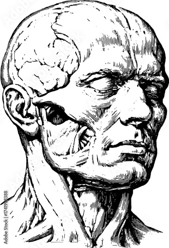 Human anatomy head illustration in vintage engraving style. Detailed line drawing in black and white vector art set for educational and scientific contexts.