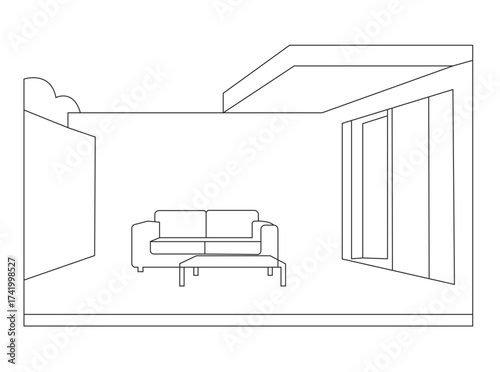 Minimalist patio illustration featuring a sofa in clean line art style. Modern outdoor furniture design ideal for home decor, garden, backyard, relaxation, comfort, and contemporary lifestyle concepts