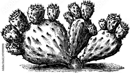 Cactus with prickly pear fruit and spines in monochrome ink drawing. Botanical black and white detail vector illustration with vintage sketch style.