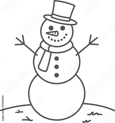 Simple black and white snowman illustration with hat on transparent background silhouette