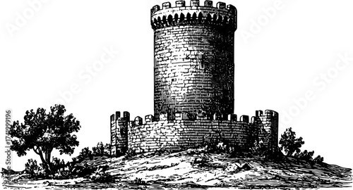 Black and white illustration of a medieval castle tower. Vintage outline vector illustration showcases detailed architecture in a simple landscape set.